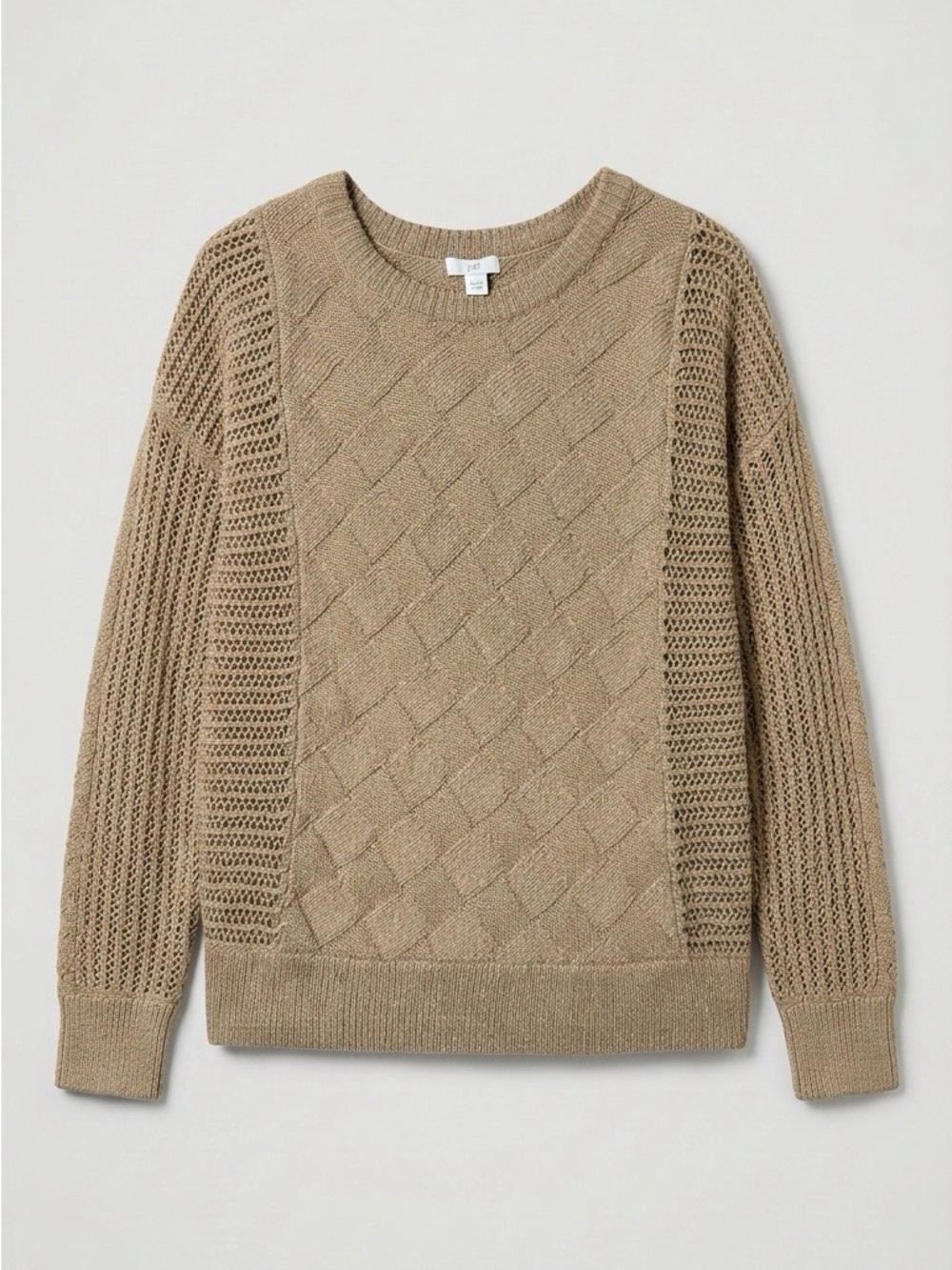 J. Jill Tan Open-Knit Diamond-Front Crewneck Oversized Sweater - XS